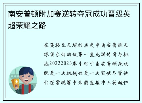 南安普顿附加赛逆转夺冠成功晋级英超荣耀之路